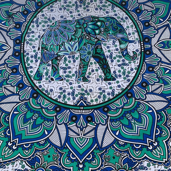 India Wall Tapestry Floral w Elephant Bright Blue Green Block Printed 82 X 88"
